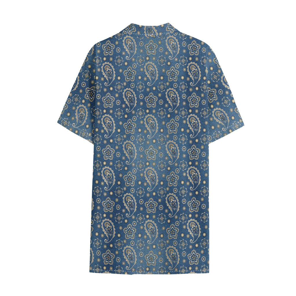 Blue Denim Western Paisley Print Cotton Hawaiian Shirt
