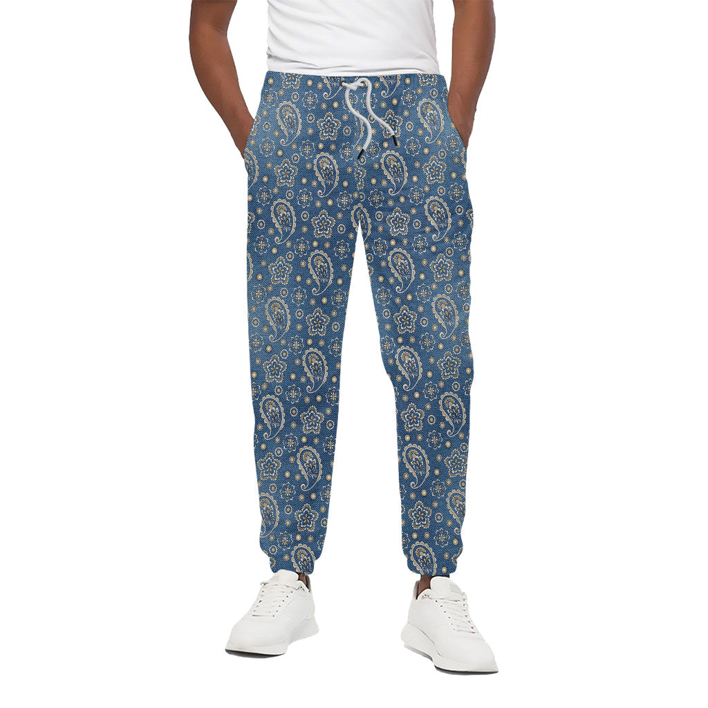 Blue Denim Western Paisley Print Cotton Pants