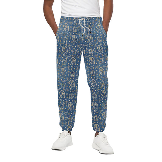 Blue Denim Western Paisley Print Cotton Pants