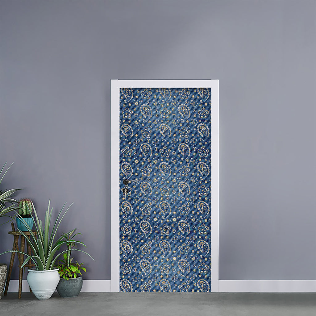 Blue Denim Western Paisley Print Door Sticker