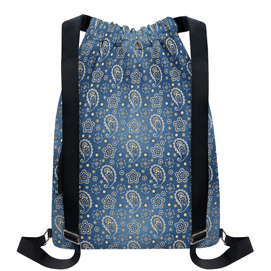 Blue Denim Western Paisley Print Drawstring Backpack