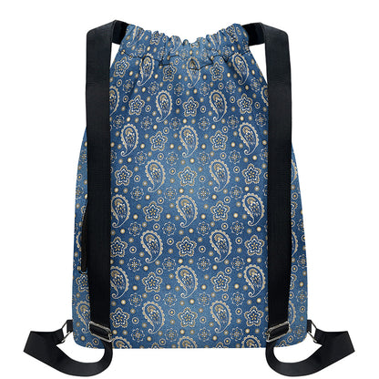 Blue Denim Western Paisley Print Drawstring Backpack