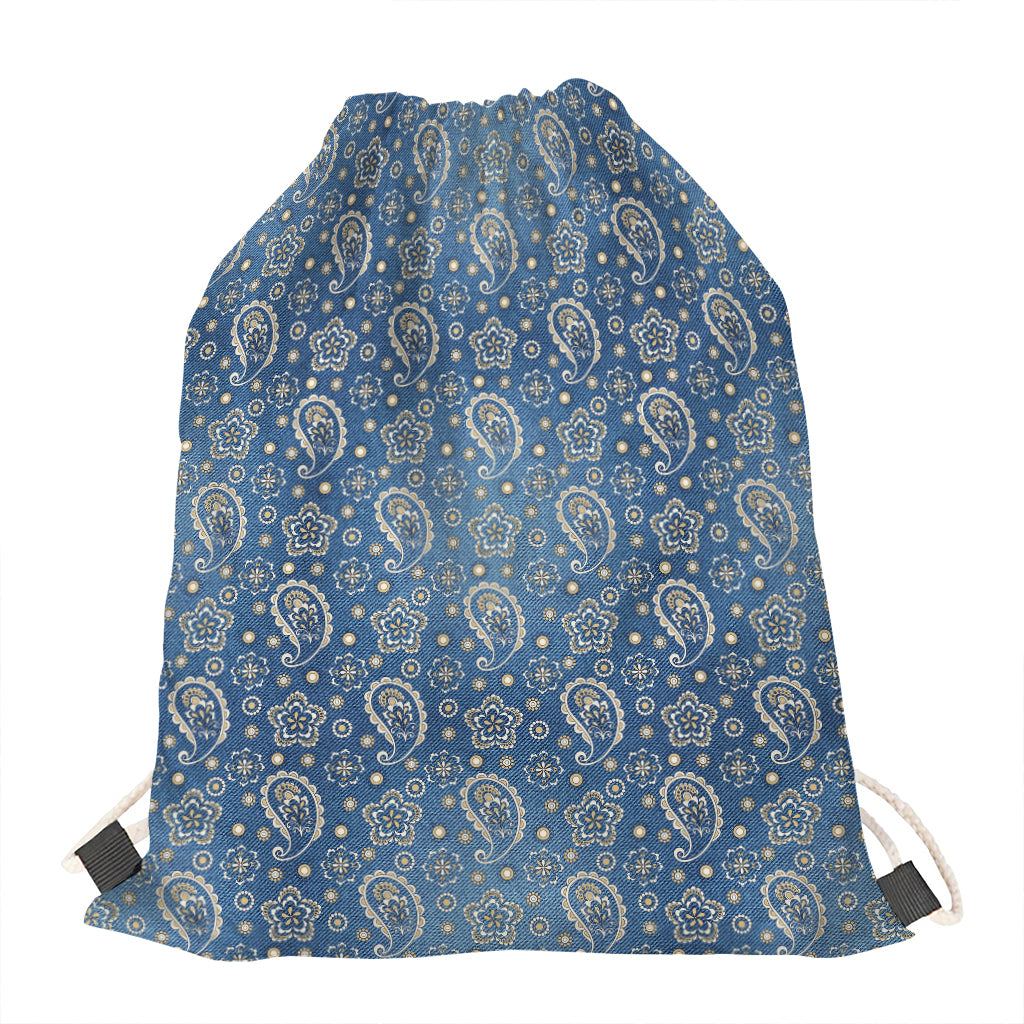 Blue Denim Western Paisley Print Drawstring Bag
