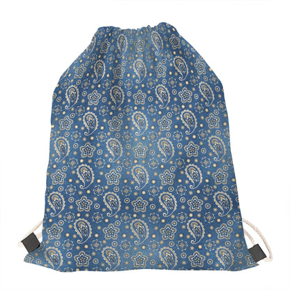 Blue Denim Western Paisley Print Drawstring Bag