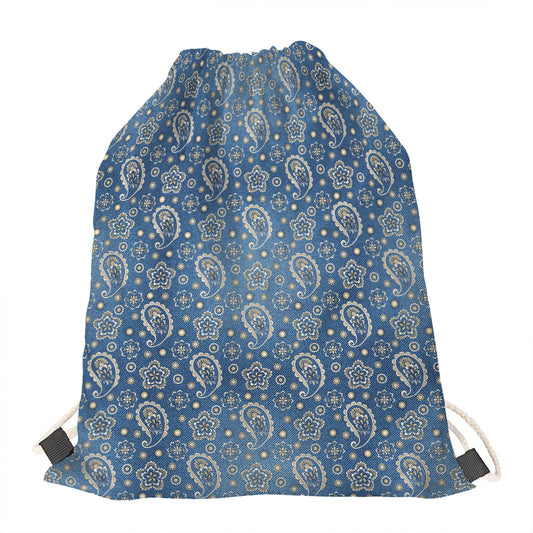 Blue Denim Western Paisley Print Drawstring Bag