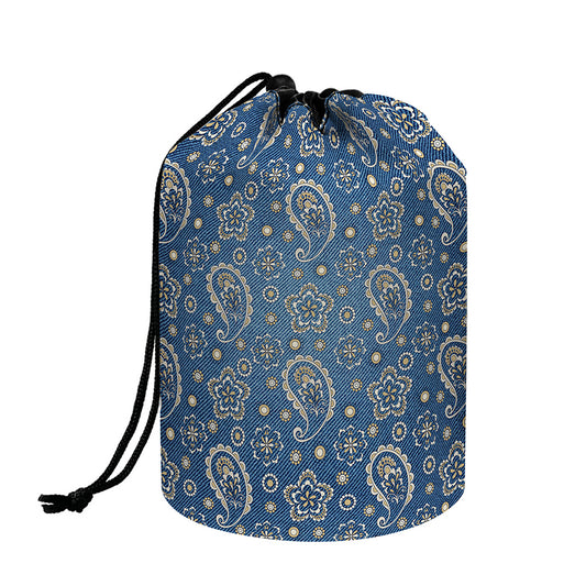 Blue Denim Western Paisley Print Drawstring Makeup Bag