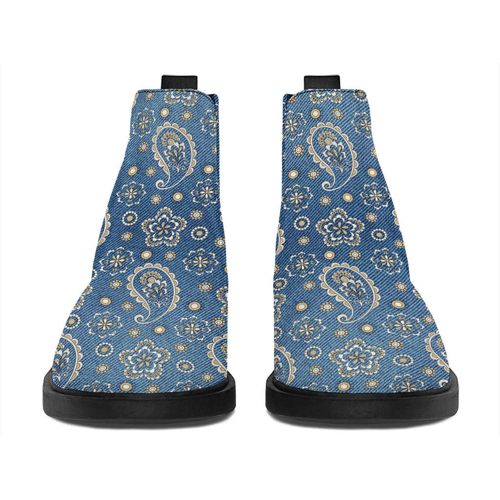 Blue Denim Western Paisley Print Flat Ankle Boots