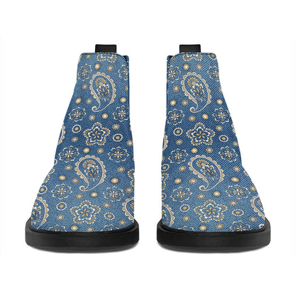 Blue Denim Western Paisley Print Flat Ankle Boots