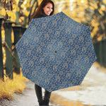 Blue Denim Western Paisley Print Foldable Umbrella