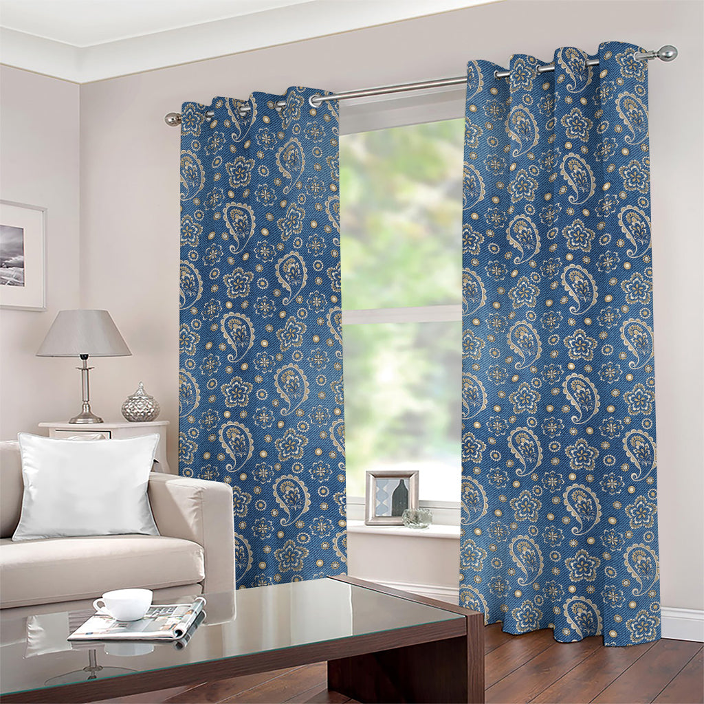 Blue Denim Western Paisley Print Grommet Curtains