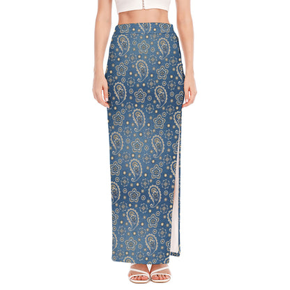 Blue Denim Western Paisley Print High Slit Maxi Skirt