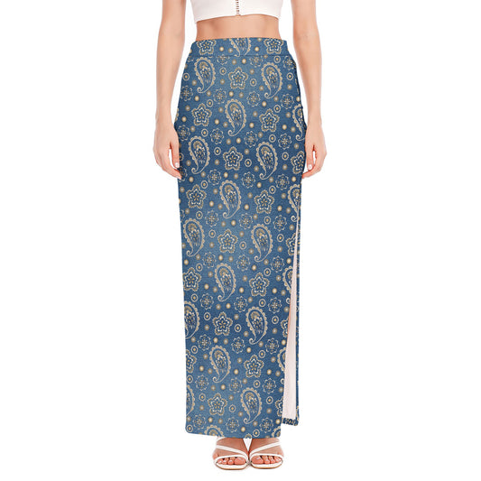 Blue Denim Western Paisley Print High Slit Maxi Skirt