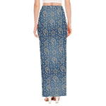 Blue Denim Western Paisley Print High Slit Maxi Skirt