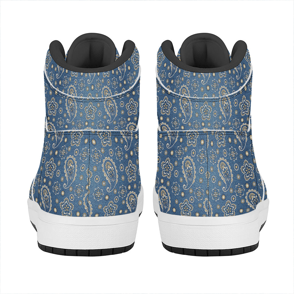 Blue Denim Western Paisley Print High Top Leather Sneakers