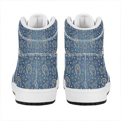 Blue Denim Western Paisley Print High Top Leather Sneakers