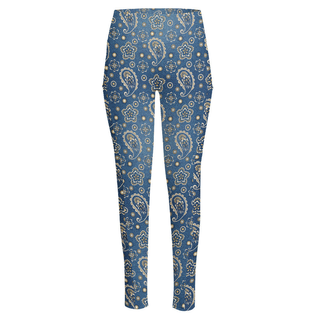 Blue Denim Western Paisley Print High-Waisted Pocket Leggings