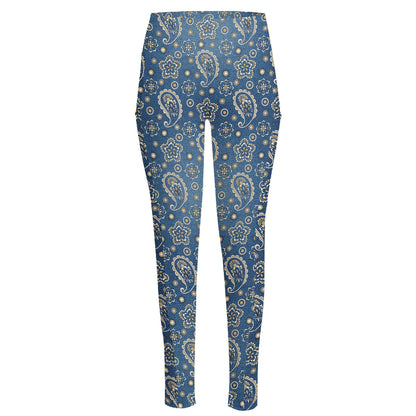 Blue Denim Western Paisley Print High-Waisted Pocket Leggings