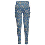 Blue Denim Western Paisley Print High-Waisted Pocket Leggings