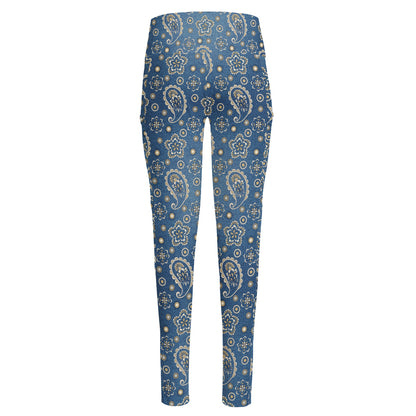 Blue Denim Western Paisley Print High-Waisted Pocket Leggings