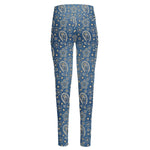 Blue Denim Western Paisley Print High-Waisted Pocket Leggings