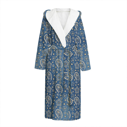 Blue Denim Western Paisley Print Hooded Bathrobe