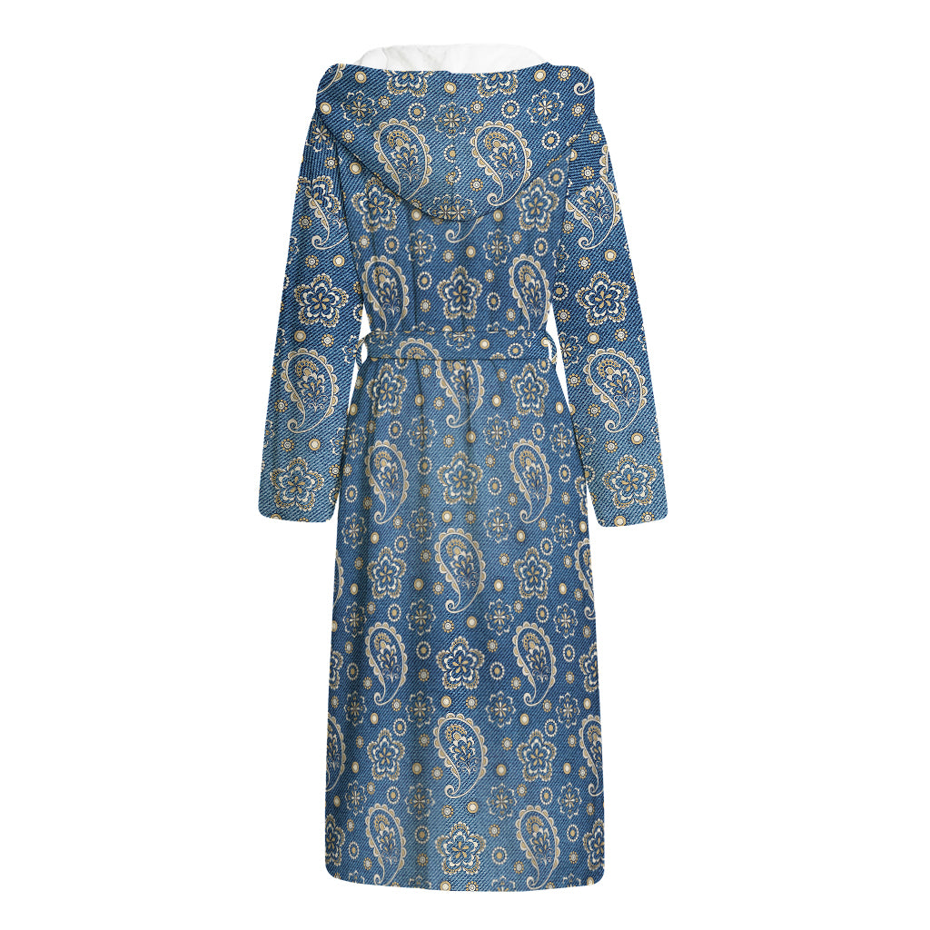 Blue Denim Western Paisley Print Hooded Bathrobe