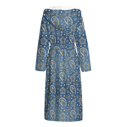 Blue Denim Western Paisley Print Hooded Bathrobe
