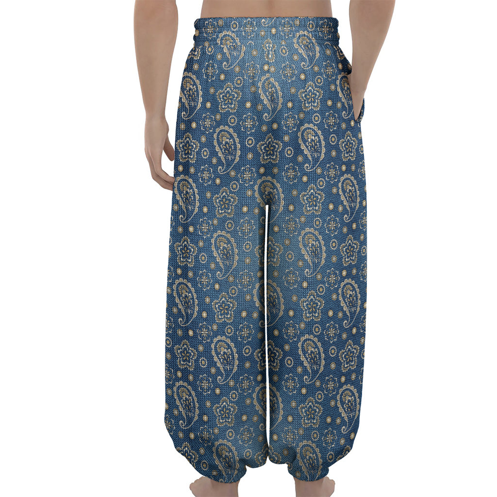 Blue Denim Western Paisley Print Lantern Pants