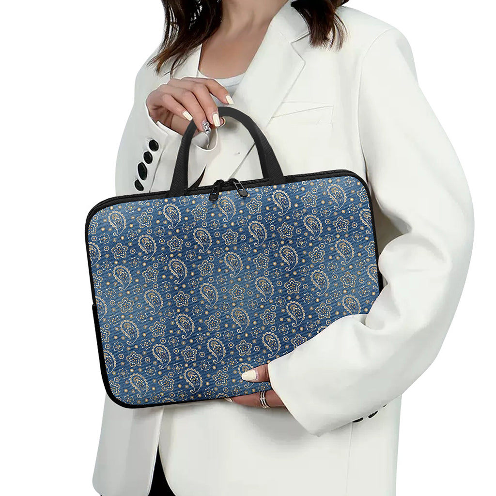 Blue Denim Western Paisley Print Laptop Sleeve With Handle