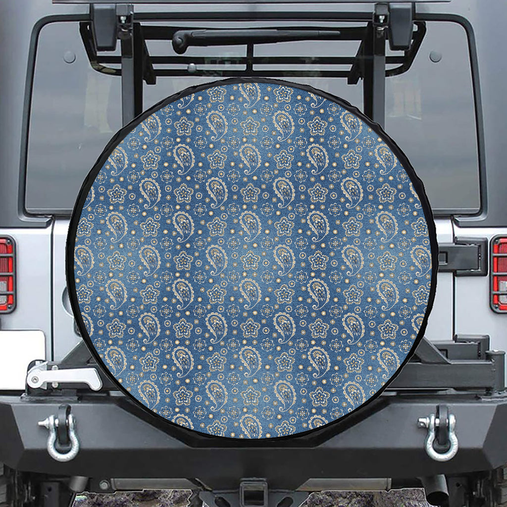 Blue Denim Western Paisley Print Leather Spare Tire Cover