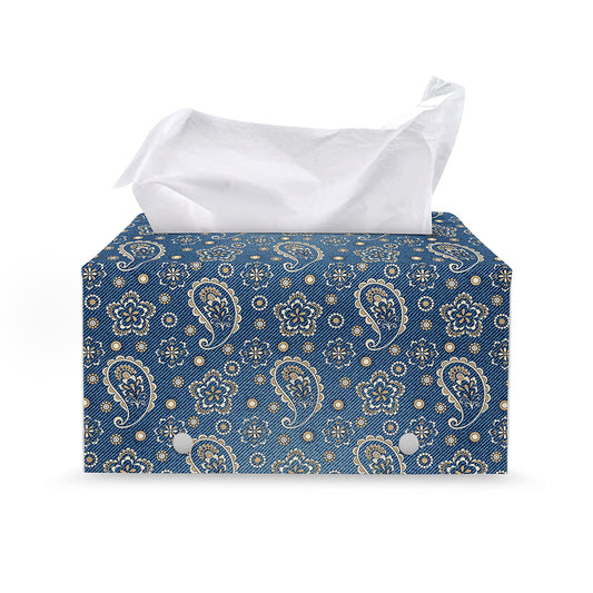 Blue Denim Western Paisley Print Leather Tissue Box Cover