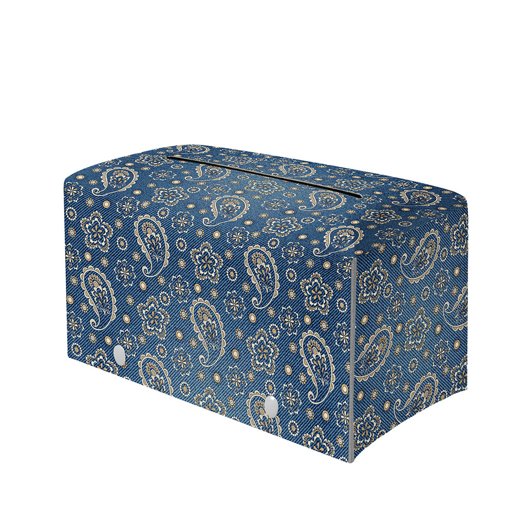 Blue Denim Western Paisley Print Leather Tissue Box Cover