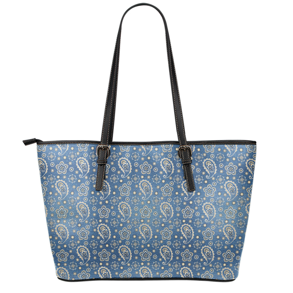 Blue Denim Western Paisley Print Leather Tote Bag