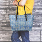 Blue Denim Western Paisley Print Leather Tote Bag