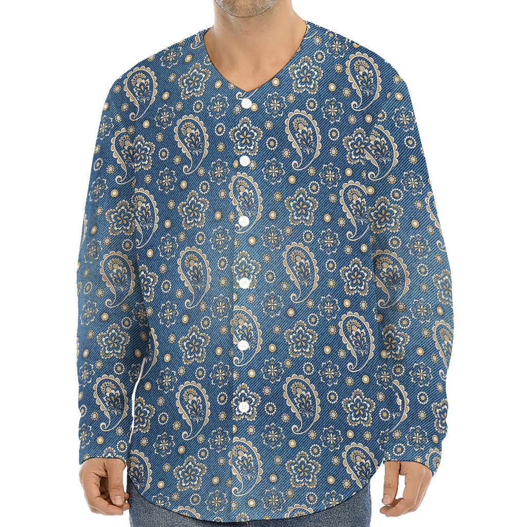 Blue Denim Western Paisley Print Long Sleeve Baseball Jersey