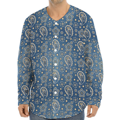 Blue Denim Western Paisley Print Long Sleeve Baseball Jersey