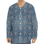 Blue Denim Western Paisley Print Long Sleeve Baseball Jersey