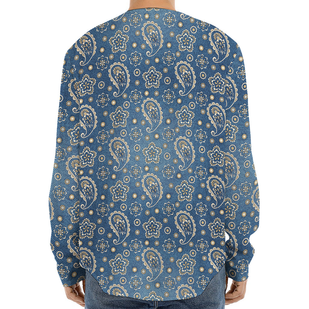Blue Denim Western Paisley Print Long Sleeve Baseball Jersey