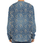 Blue Denim Western Paisley Print Long Sleeve Baseball Jersey