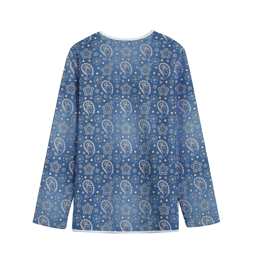 Blue Denim Western Paisley Print Long Sleeve Short Coat