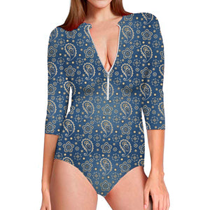 Blue Denim Western Paisley Print Long Sleeve Swimsuit