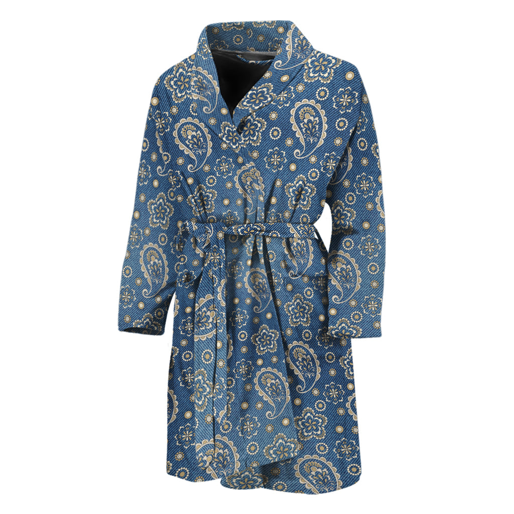 Blue Denim Western Paisley Print Men's Bathrobe