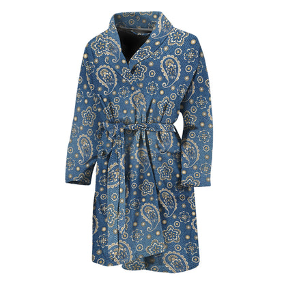 Blue Denim Western Paisley Print Men's Bathrobe