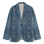 Blue Denim Western Paisley Print Men's Blazer