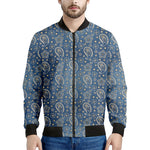 Blue Denim Western Paisley Print Men's Bomber Jacket