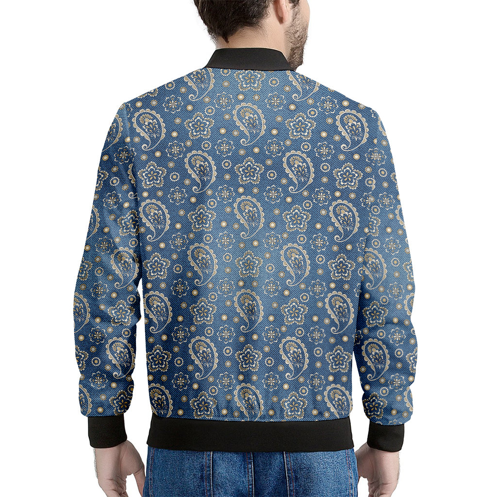 Blue Denim Western Paisley Print Men's Bomber Jacket