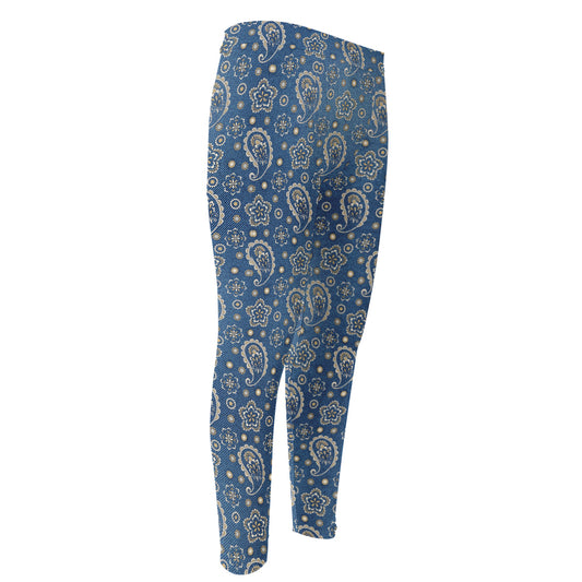 Blue Denim Western Paisley Print Men's Compression Pants