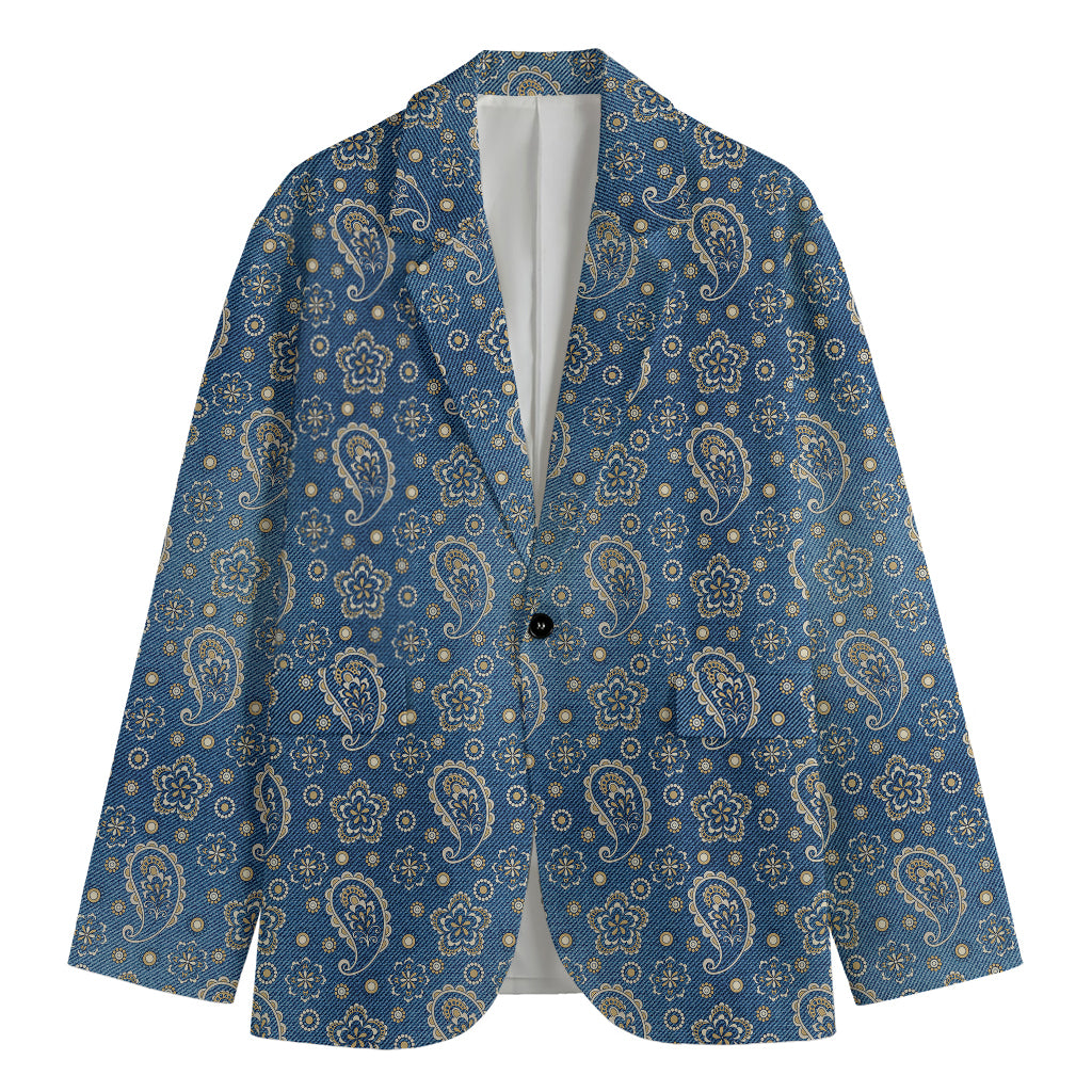 Blue Denim Western Paisley Print Men's Cotton Blazer