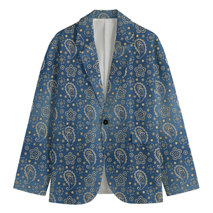Blue Denim Western Paisley Print Men's Cotton Blazer