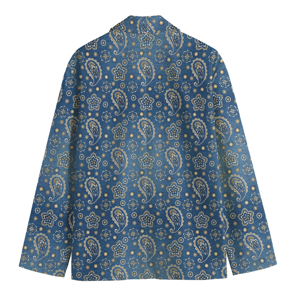 Blue Denim Western Paisley Print Men's Cotton Blazer